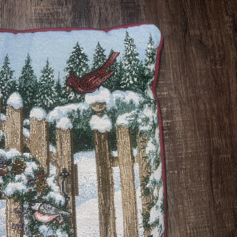 2 Tapestry Christmas Throw Pillows Snowman And Winter Scene